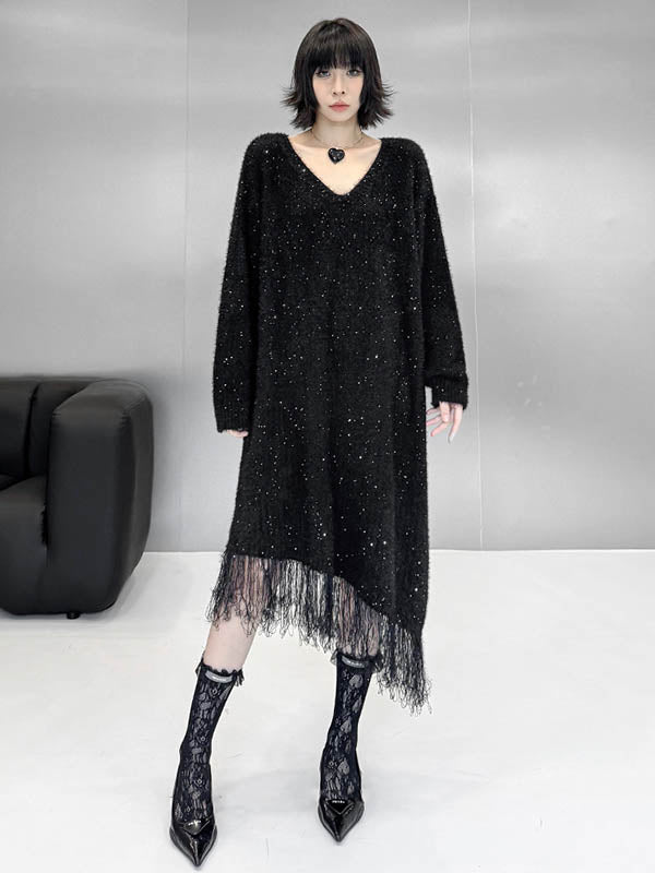 Robe pull brillante à coupe irrégulière, à manches longues, à sequins, à empiècements, à pompons, à col en V, couleur contrastée