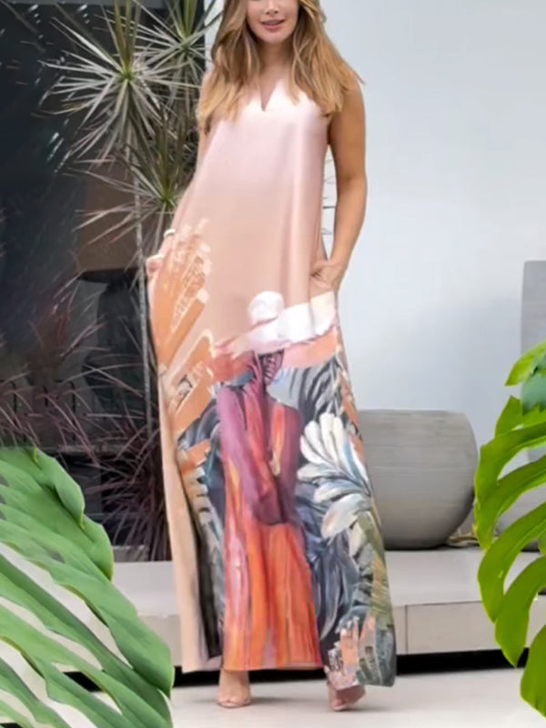 Robe longue ample sans manches, à motifs figuratifs, à poches, à col en V