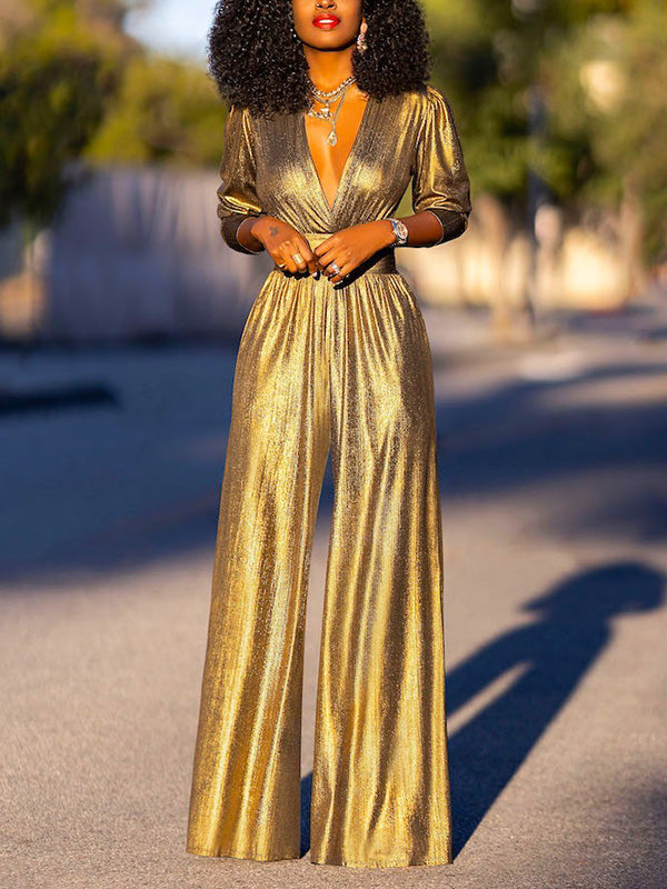 Bas brillant taille haute, à manches trois-quarts, à décolleté en V profond, couleur unie