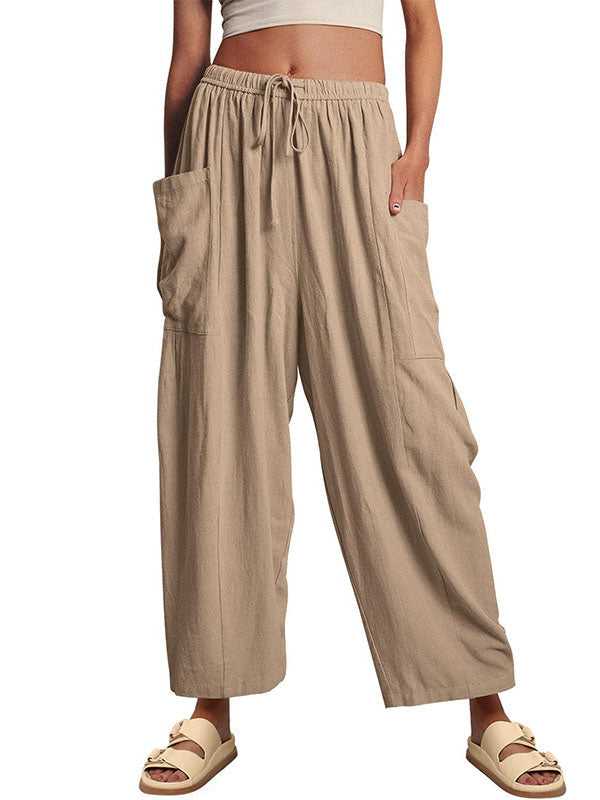 Pantalon ample plissé taille haute, à cordon de serrage, à taille élastique, à poches, couleur unie