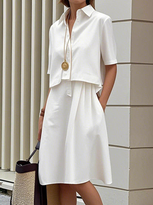 Robe chemise mi-longue boutonnée effet deux pièces, à manches mi-longues, à col revers, couleur unie