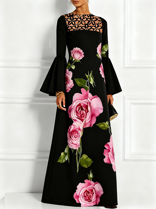Robe longue ajourée à manches évasées, à manches longues, à imprimé floral, à empiècements, à col rond, couleur contrastée
