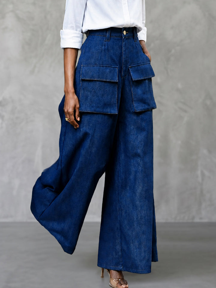 Pantalon boutonné à fermeture éclair, à poches, à jambes larges, taille haute, couleur unie