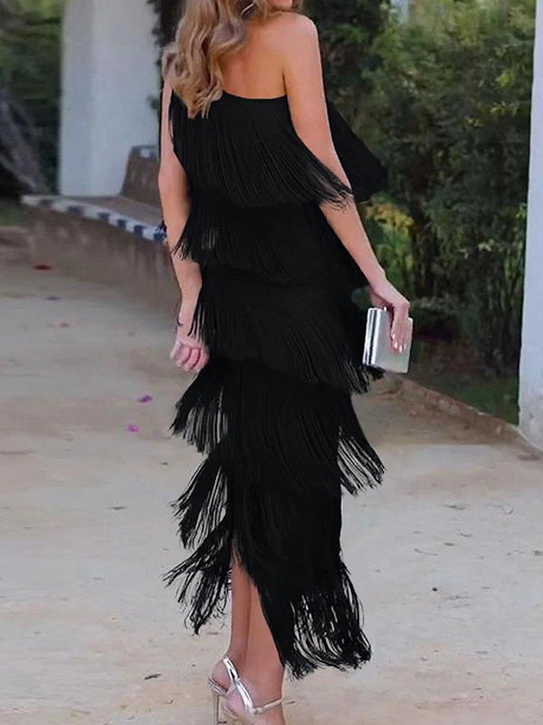 Robe longue ample asymétrique sans manches, à empiècements, à pompons, asymétrique à une épaule, couleur unie
