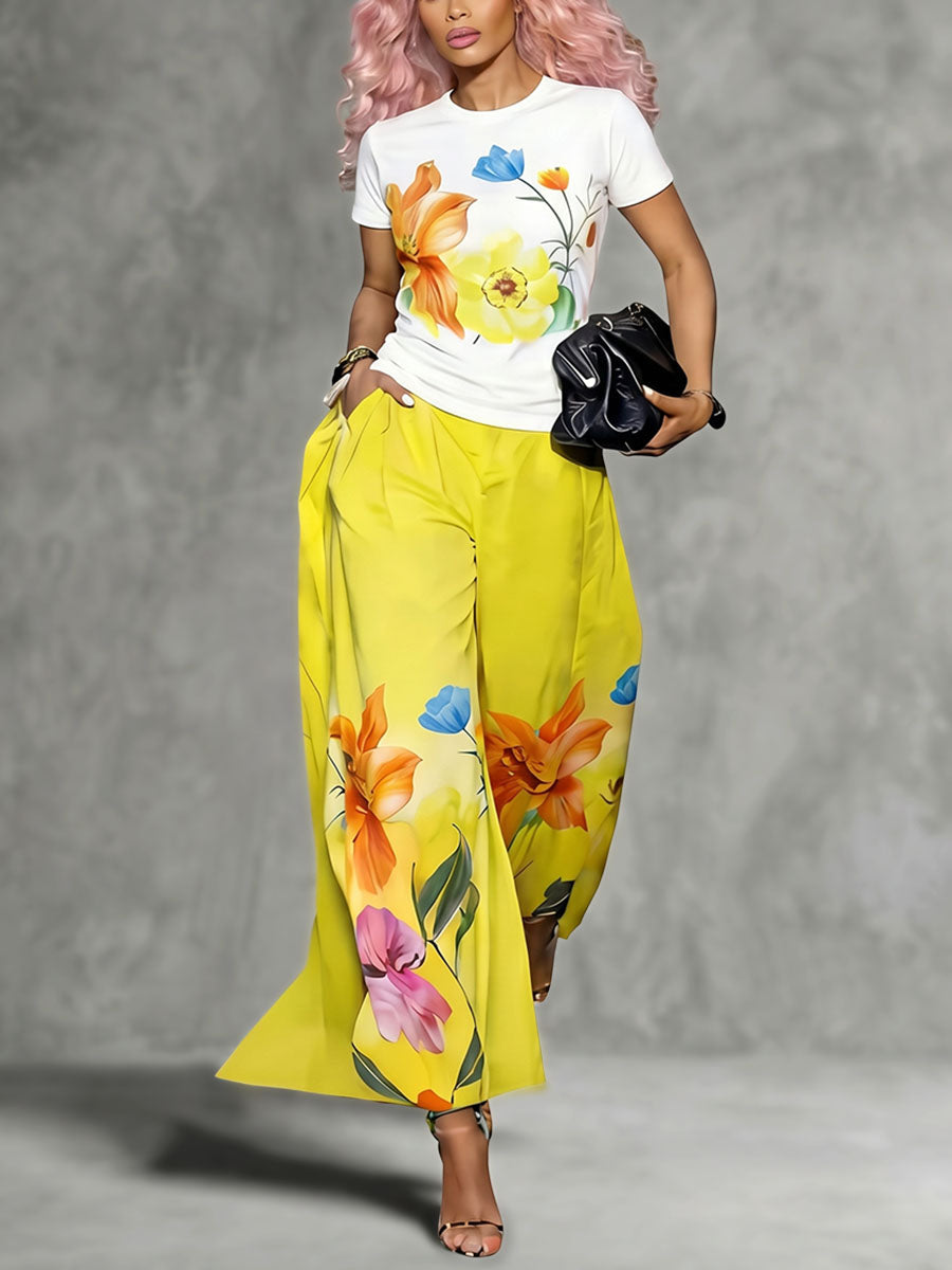 Pantalon ample taille haute, à imprimé floral, à poches, couleur unie