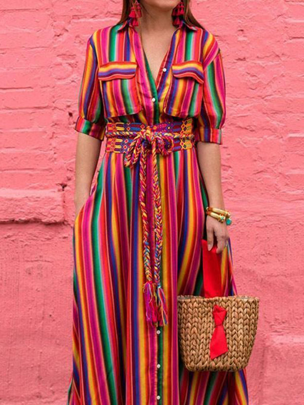 Robe chemise ample rayée à manches longues, à empiècements, à col revers
