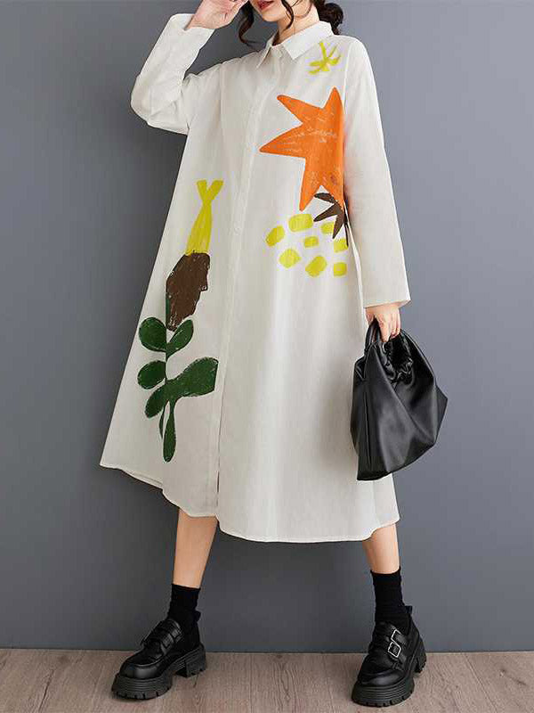 Robe chemise boutonnée imprimée coupe trapèze, à manches longues, à poches, à empiècements, à col revers