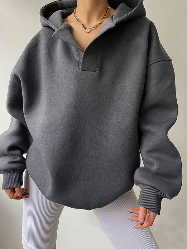 Manches bouffantes amples, couleur unie, sweat à capuche fendu, hauts