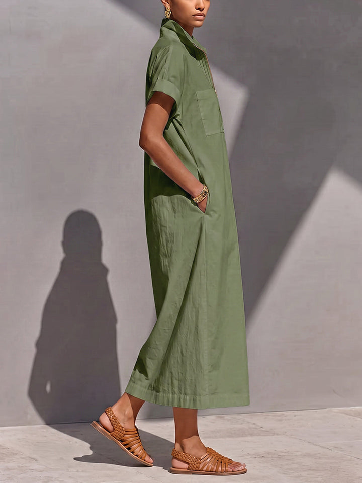 Robe longue à fermeture éclair, à poches, sans manches, taille haute, à col en V, couleur unie