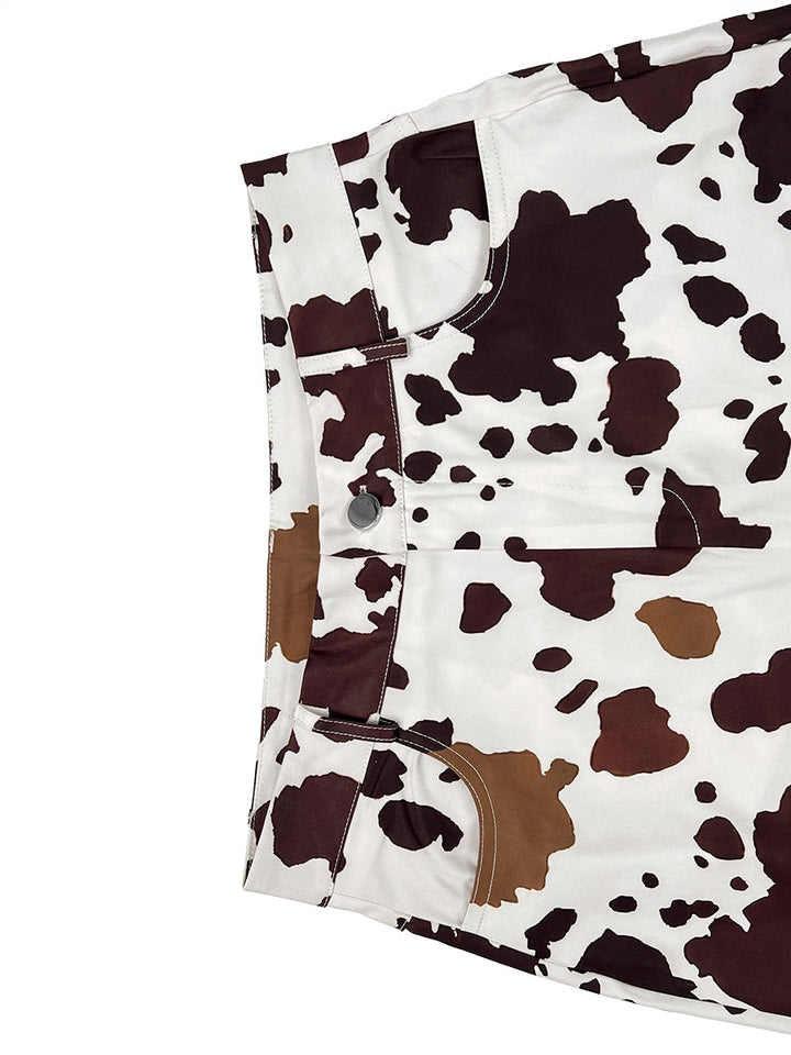 Pantalon à empiècements imprimé vache, taille haute, couleur contrastée, taille élastiquée