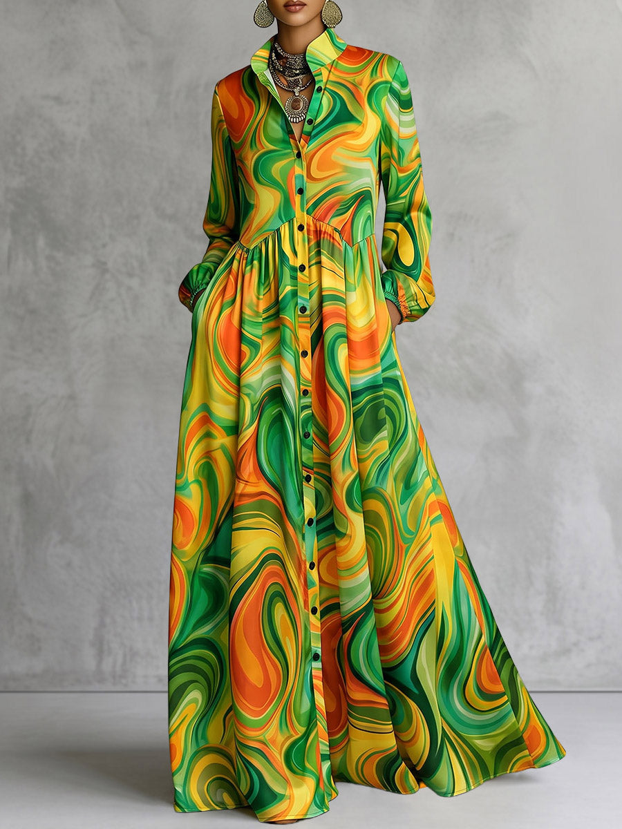 Robe longue imprimée plissée ample à poches, à manches longues, à col montant, couleur contrastée
