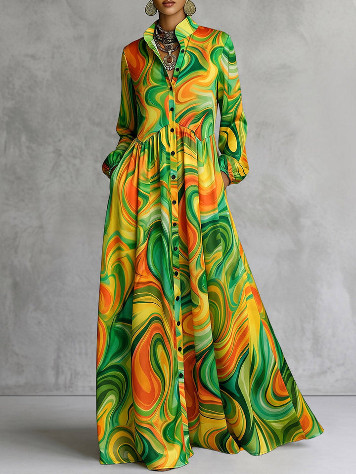 Robe longue imprimée plissée ample à poches, à manches longues, à col montant, couleur contrastée