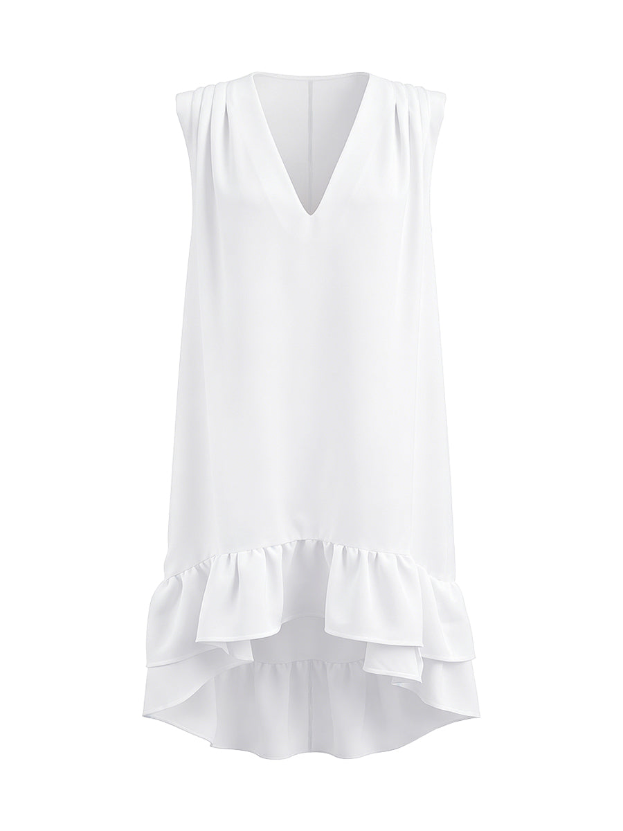 Robe courte ample plissée volantée à ourlet plongeant, à décolleté en V profond, couleur unie