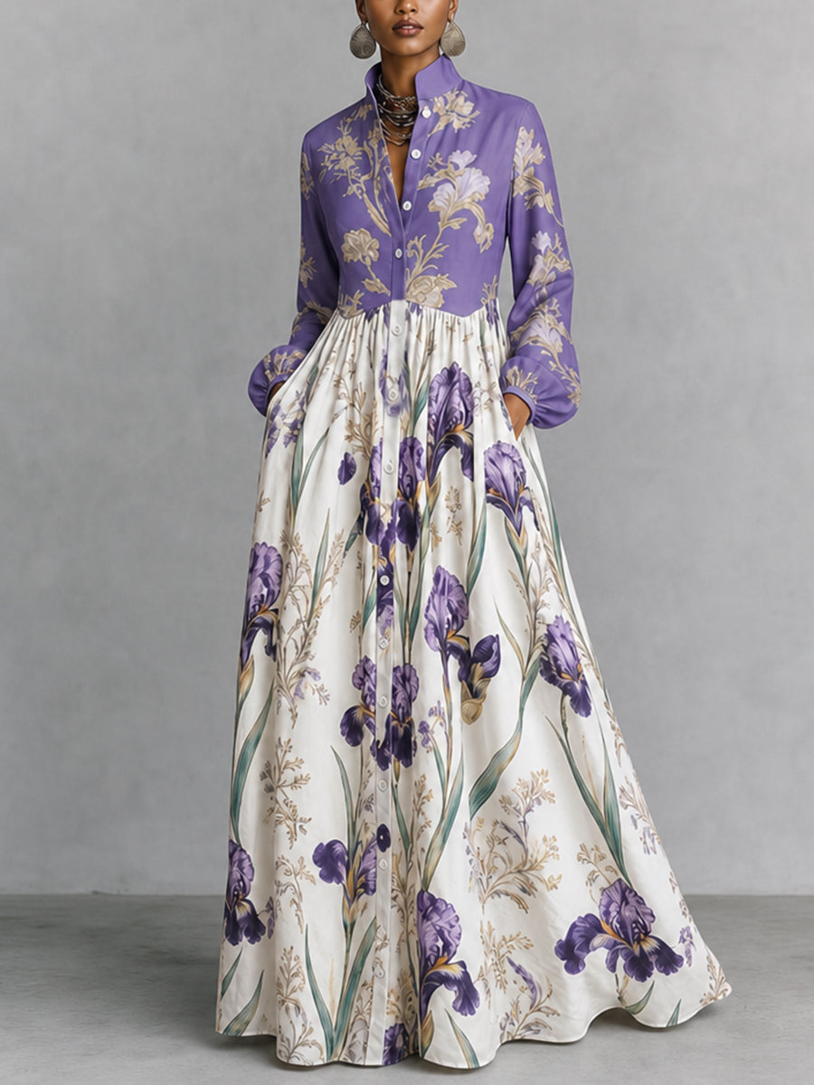 Robe longue froncée boutonnée ample à empiècements, à poches, à imprimé floral, à manches longues, à col montant, couleur contrastée