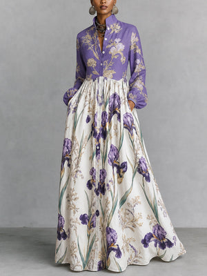 Robe longue froncée boutonnée ample à empiècements, à poches, à imprimé floral, à manches longues, à col montant, couleur contrastée
