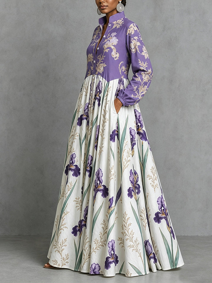 Robe longue froncée boutonnée ample à empiècements, à poches, à imprimé floral, à manches longues, à col montant, couleur contrastée