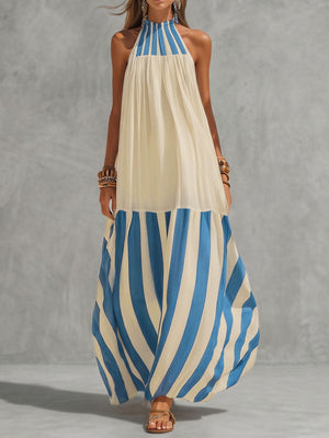 Robe longue ample plissée rayée coupe trapèze, à col licou, couleur contrastée