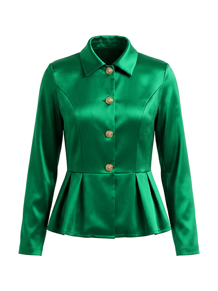 Chemisier boutonné volanté à taille élastique, taille haute, à empiècements, à col revers, couleur contrastée