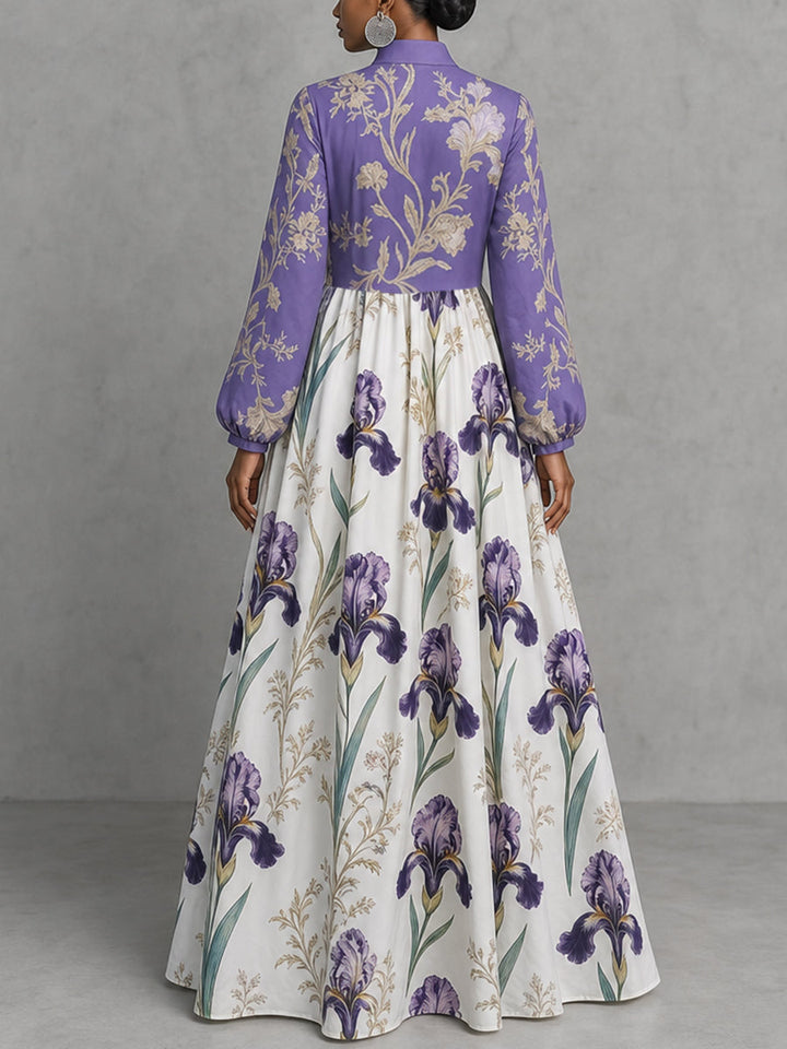 Robe longue froncée boutonnée ample à empiècements, à poches, à imprimé floral, à manches longues, à col montant, couleur contrastée
