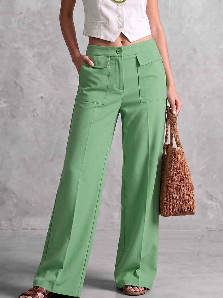 Pantalon boutonné à poches, à taille élastique, à jambes larges, taille haute, couleur unie