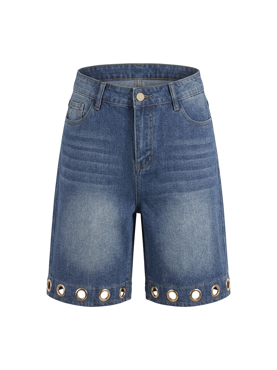 Short boutonné ajouré taille haute, à jambes larges, à poches, à empiècements, couleur unie