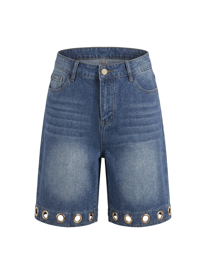 Short boutonné ajouré taille haute, à jambes larges, à poches, à empiècements, couleur unie