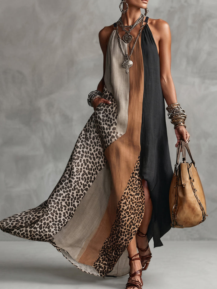 Robe longue ample asymétrique sans manches, à imprimé léopard, à poches, à empiècements, à col licou, couleur contrastée