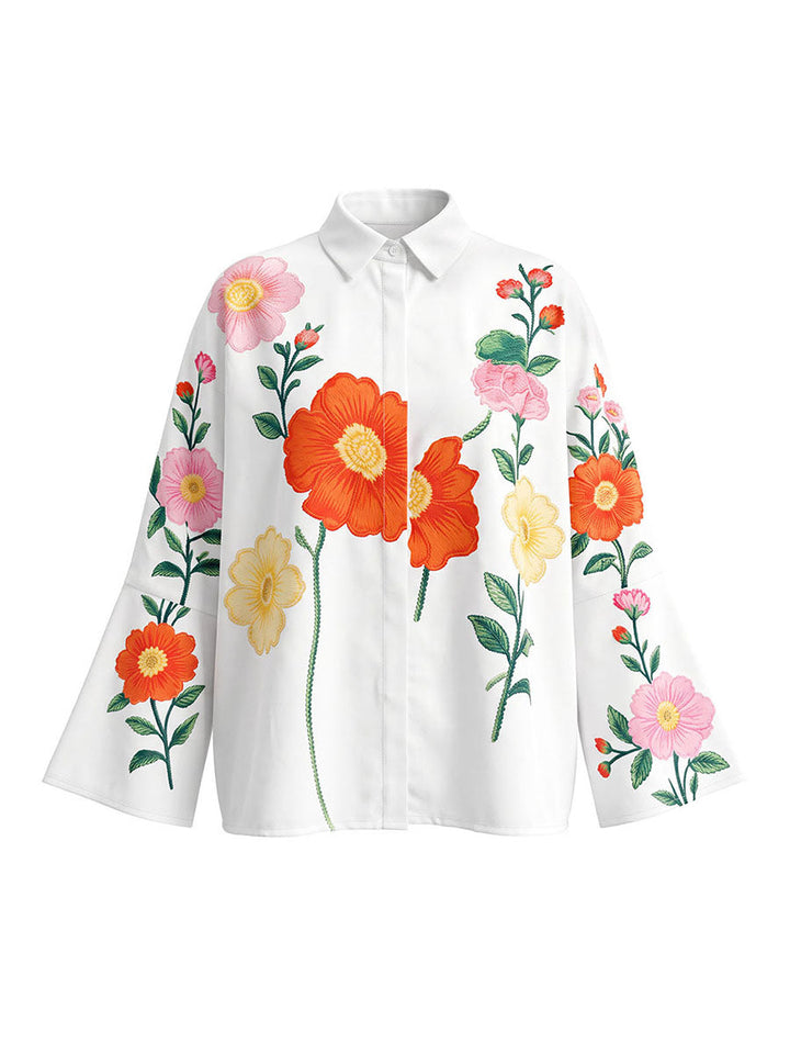 Chemisier ample boutonné à manches longues, à imprimé floral, à col revers, couleur contrastée