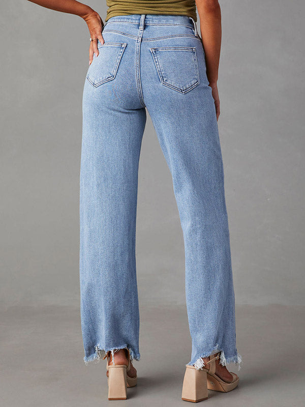 Jean taille haute, à jambes droites, à franges, à empiècements