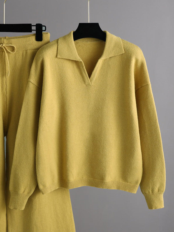 Ensemble deux pièces urbain à manches longues, col polo, à jambes larges, couleur unie – pull + pantalon