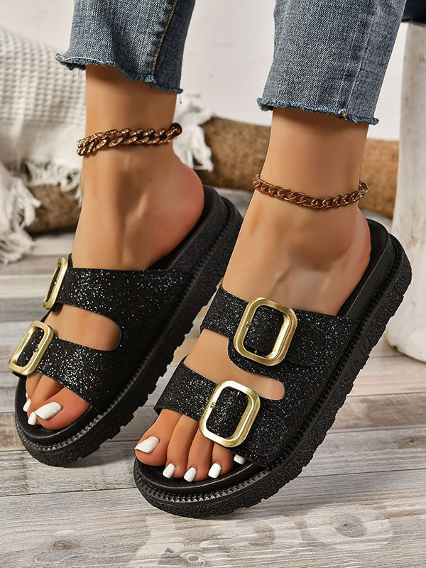 Mules ajourées brillantes à boucle de ceinture, à bout ouvert