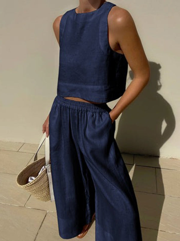Ensemble deux pièces gilet sans manches à col rond de couleur unie + pantalon élastique à jambes larges