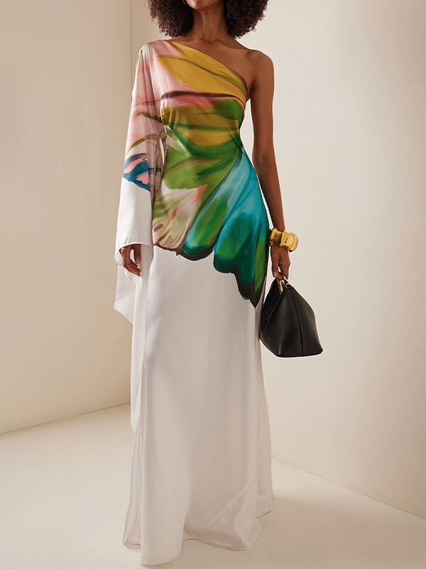 Robe longue ample asymétrique à manches longues, à imprimé floral, asymétrique à une épaule