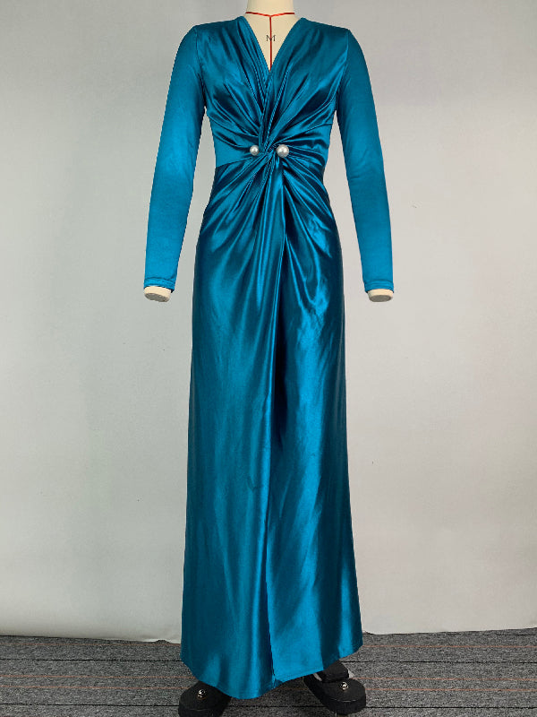 Robe longue moulante plissée fendue devant à manches longues, à taille nouée, à décolleté en V profond, couleur unie