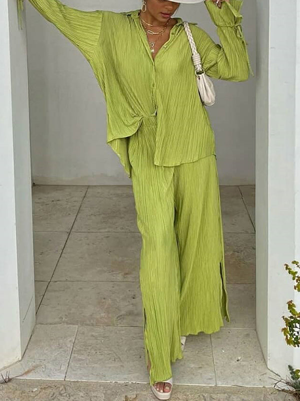 Ensemble pyjama à manches longues, manches évasées, boutonné, cordon de serrage plissé, couleur unie, chemises à revers fendues sur le côté, haut + pantalon, bas