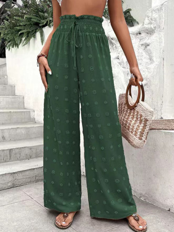 Pantalon ample taille haute, à cordon de serrage, à taille élastique, en jacquard, couleur unie