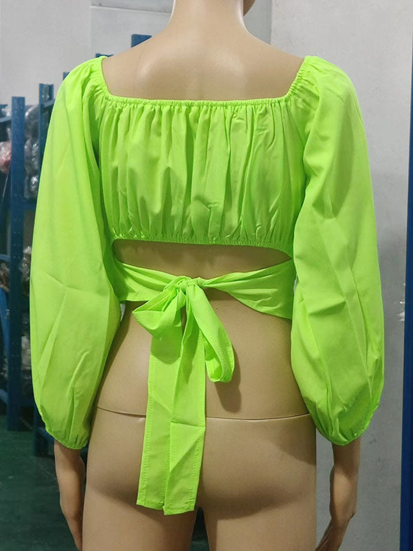 Chemisier ample plissé à manches longues, à taille élastique, à épaules dénudées, couleur unie