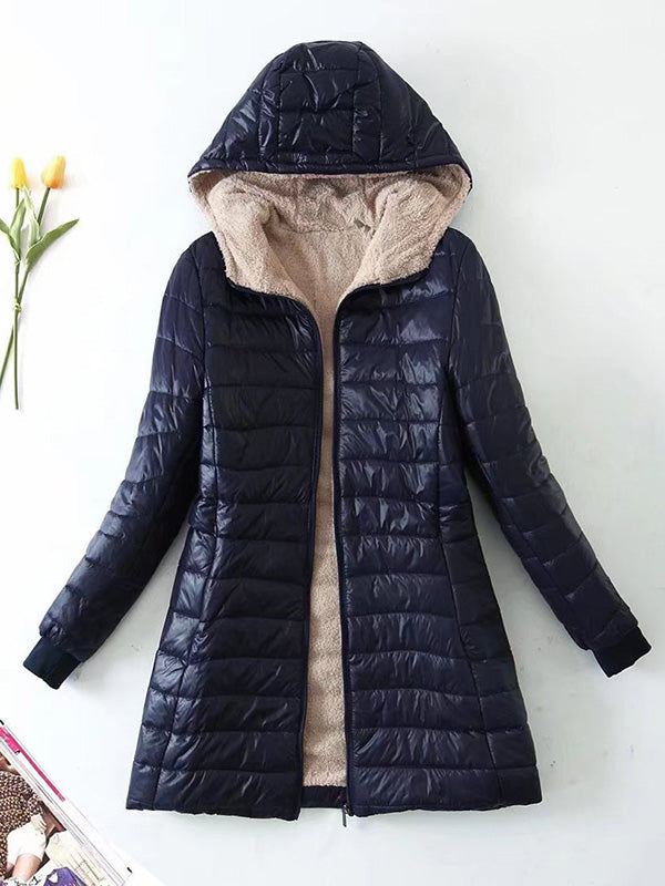 Manteau chaud matelassé à manches longues, à poches, en velours, à fermeture éclair, à capuche