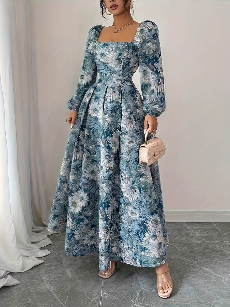 Robe longue plissée coupe trapèze, taille haute, à imprimé floral, à empiècements, à col carré, couleur contrastée