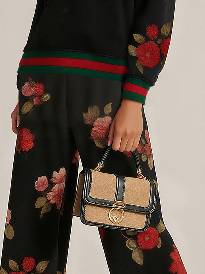Pantalon taille haute, à jambes larges, à imprimé floral, à empiècements, couleur contrastée