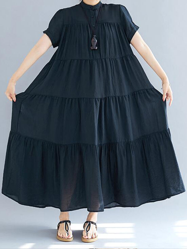 Robe mi-longue ample plissée vintage, à empiècements, à manches courtes, à col rond