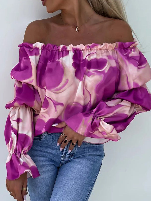 T-shirt ample imprimé à manches longues, à taille élastique, à épaules dénudées