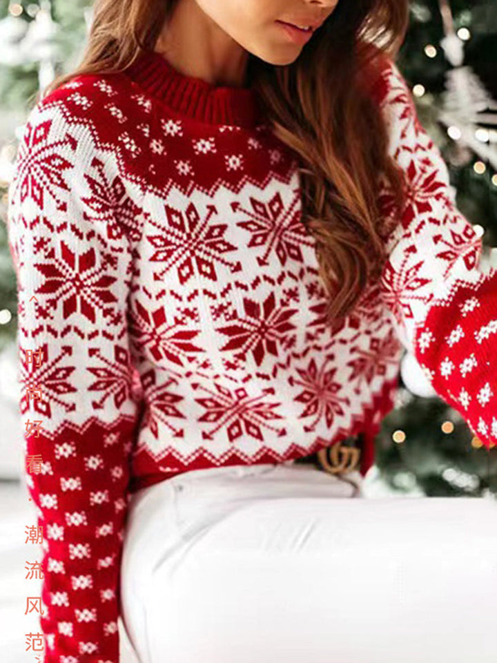 Pull à manches longues, à fleurs en tricot, à col rond, couleur contrastée