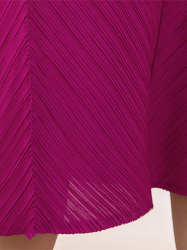 Robe mi-longue ample brodée plissée à manches longues, à col rond, couleur unie