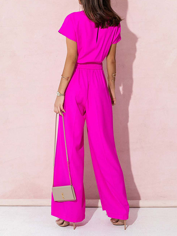 Combinaison ample plissée taille haute, avec ceinture, à col en V