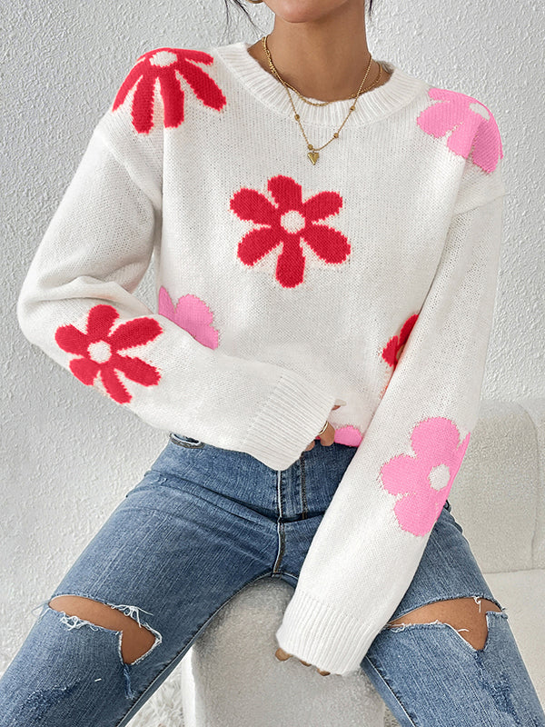 Pull ample à manches longues, à imprimé floral, à col rond, couleur contrastée