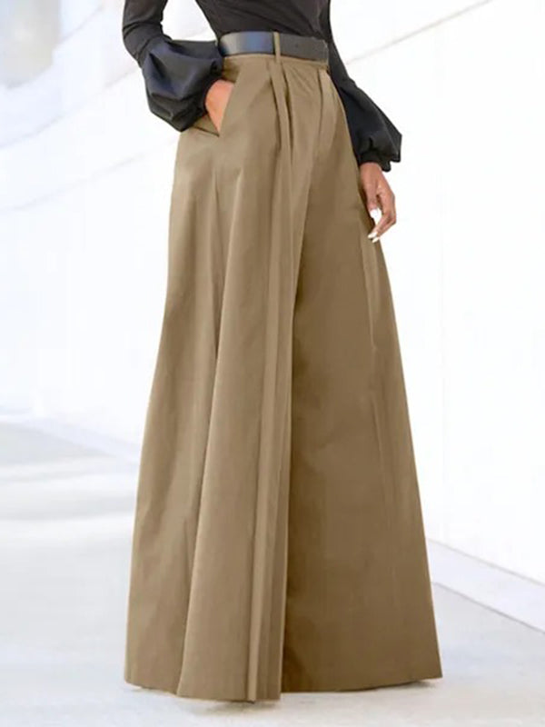 Pantalon ample plissé taille haute, à empiècements, couleur unie