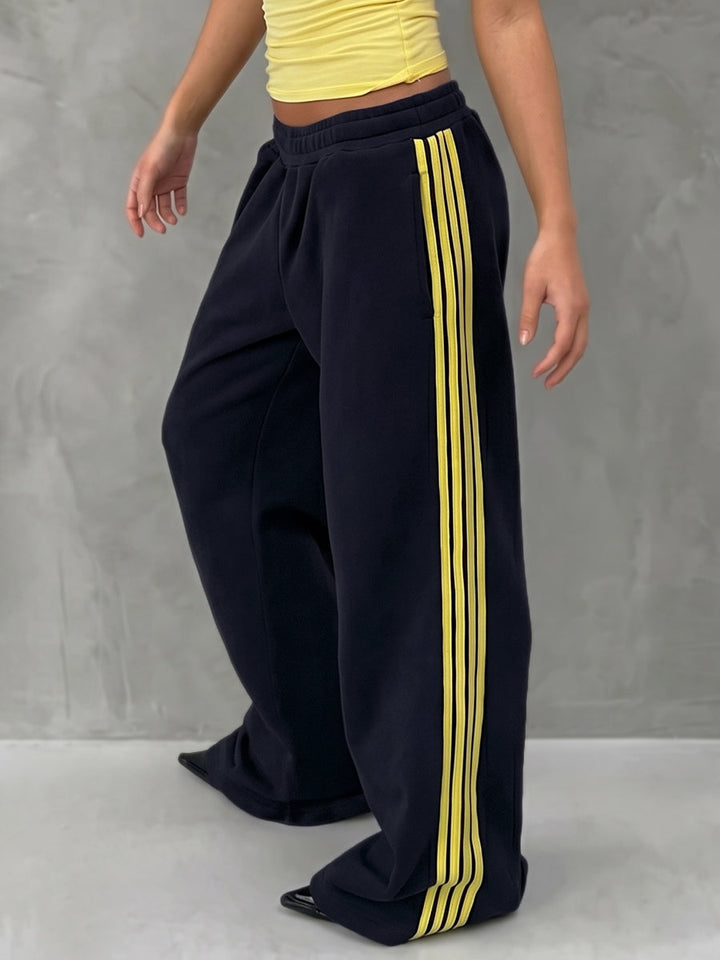 Pantalon rayé taille haute, à jambes larges, à taille élastique, à poches