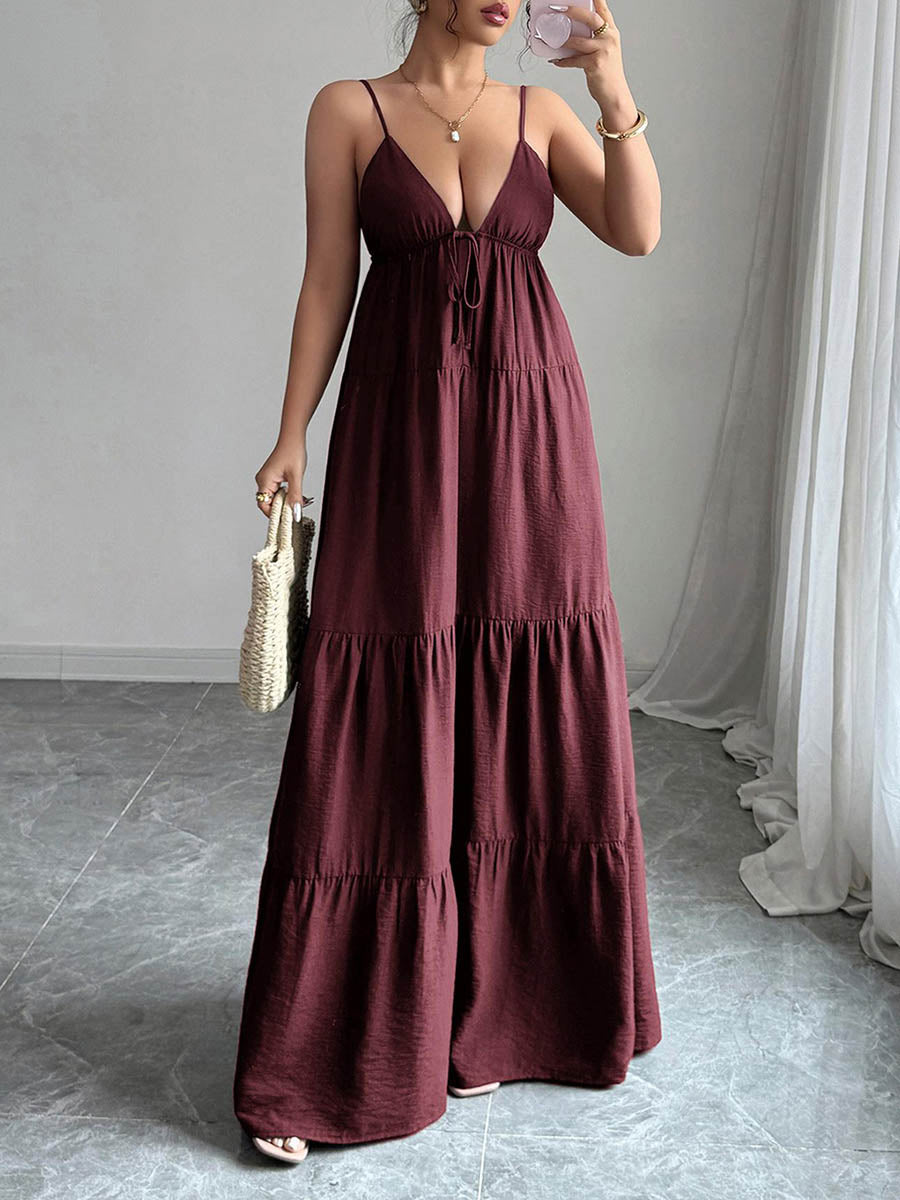 Robe longue plissée coupe trapèze, sans manches, dos nu, à cordon de serrage, à fines bretelles, couleur unie
