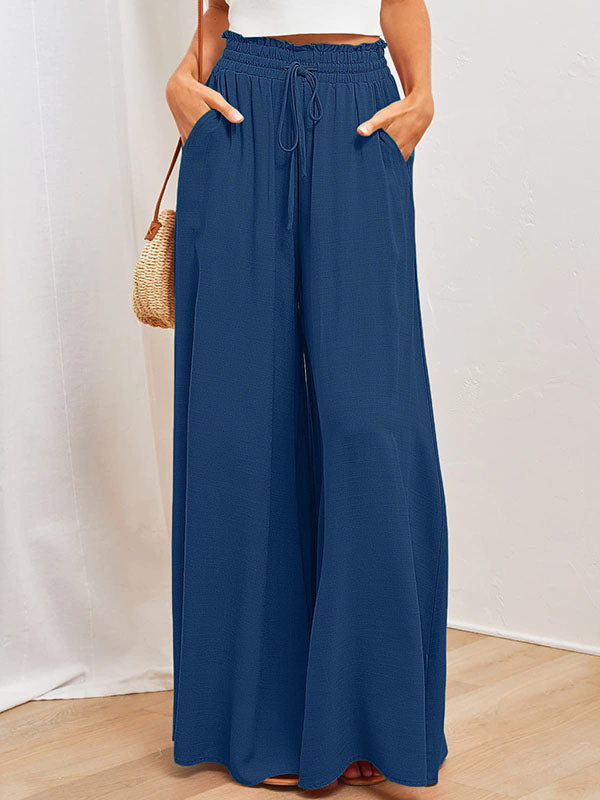 Pantalon ample taille haute, à cordon de serrage, à taille élastique, à poches, couleur unie